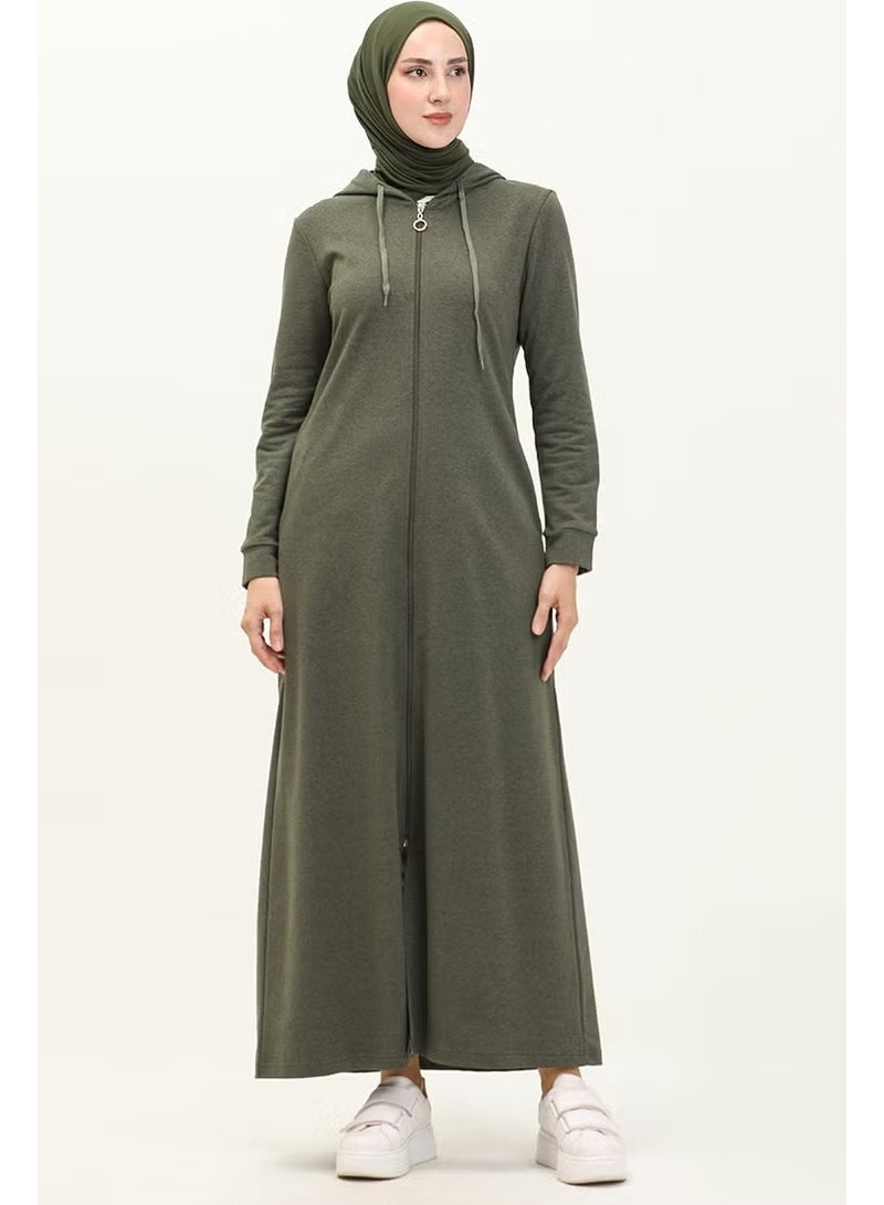 Sefa Merve عباءة رياضية بغطاء رأس وجيب 3011-02 كاكي - Image 1